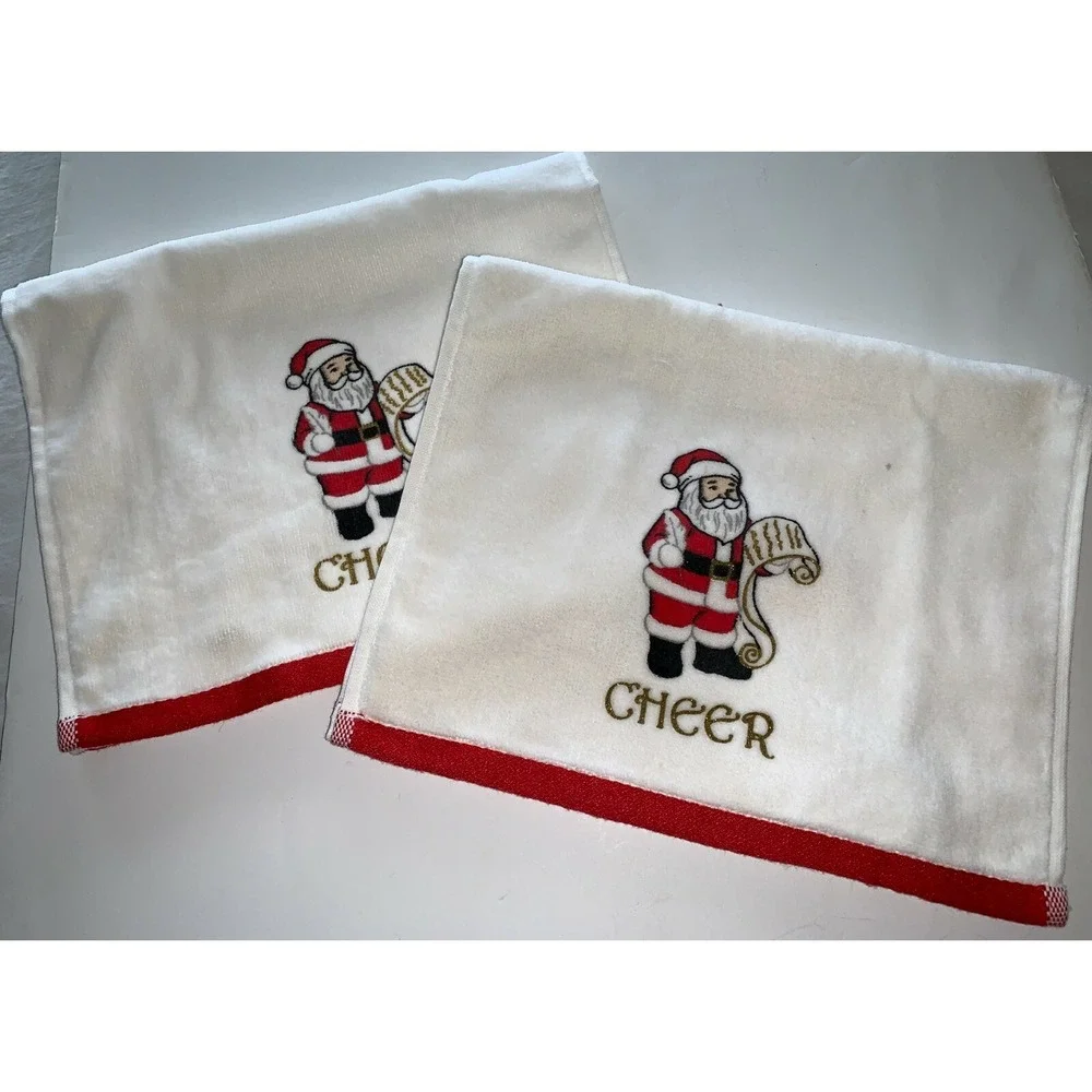 Lenox Christmas Cheer Santa Claus Fingertip Towels LOT of 2 100% Cotton